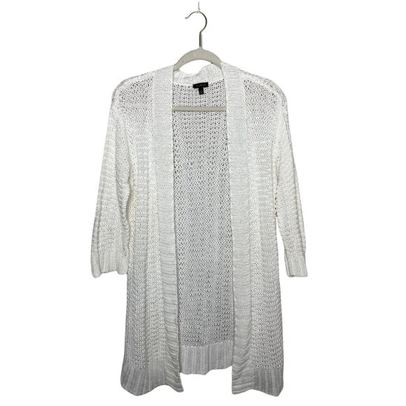 Talbots Cable Knit Cardigan Size XS White Mid Length Open Front 100% Cotton - Picture 5 of 5